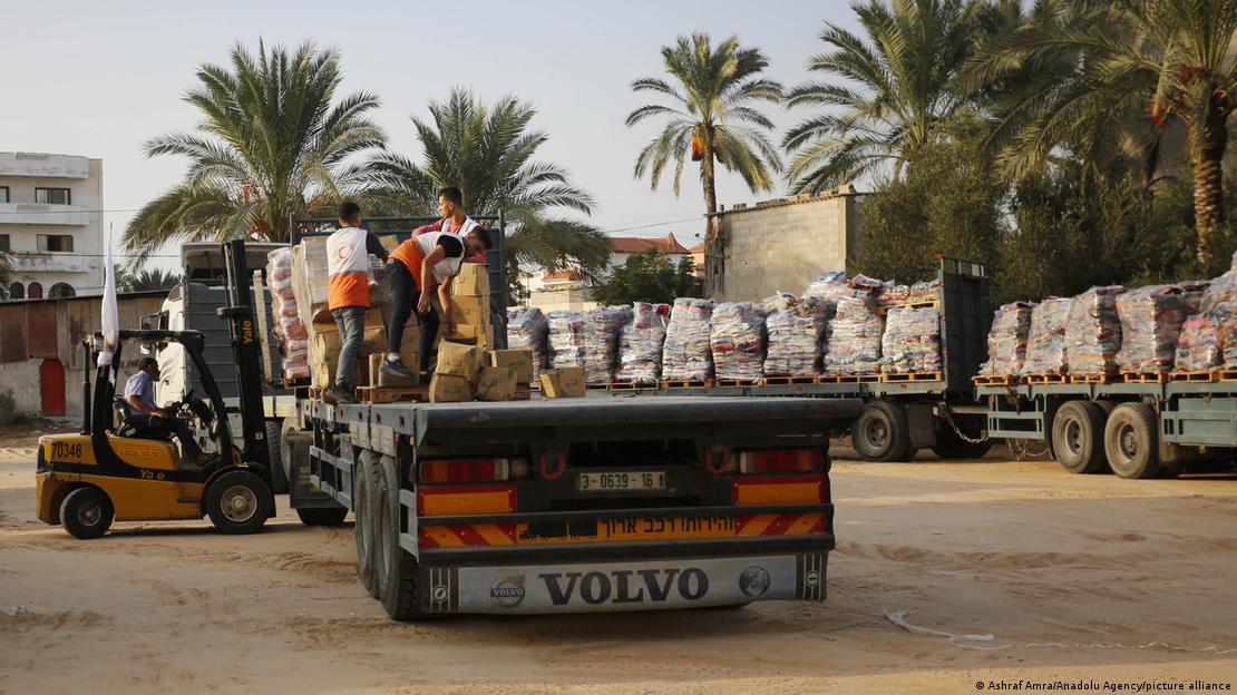 Trucks laden with humanitarian aid in the Gaza Strip