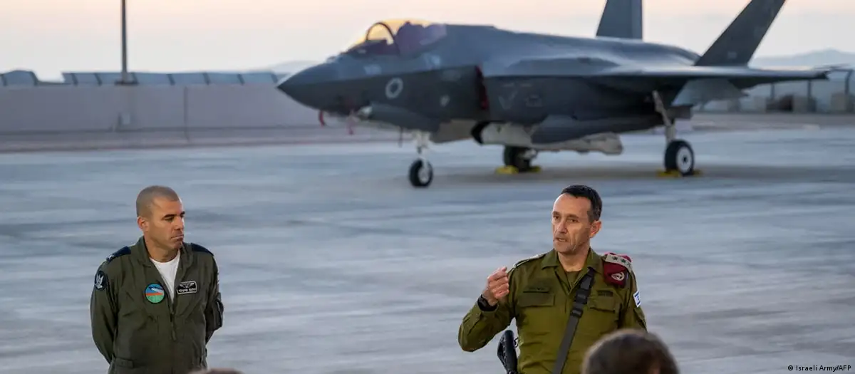This photo issued by the Israeli Defence Forces shows Chief of Staff Herzi Halevi speaking to air force officers