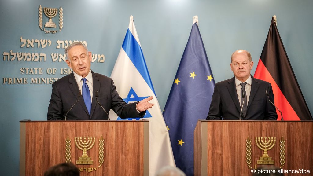 المستشار الألماني أولاف شولتس ورئيس الوزراء الإسرائيلي بنيامين نتنياهو في مؤتمر صحفي. Scholz und Netanjahu Pressekonferenz 17.3.2024