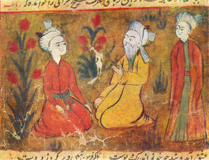 Amir Khusrow teaching his disciples; miniature from a manuscript of Majlis Al-Usshak by Husayn Bayqarah (image: Wikipedia/Creative Commons License)