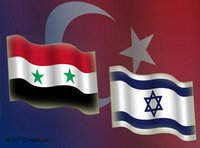 Israeli, Syrian and Turklish flags (image: AP Graphics)