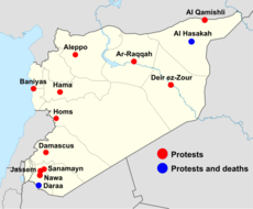 Karte der März-Proteste in Syrien; Quelle: Wikipedia