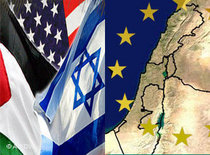 Symbolbild Flaggen USA, Israel, Palästina, Europa; Foto: AP/DW