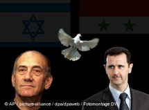 Israels Regierungschef Olmert und Syriens Präsident Assad, in der Mitte eine aufsteigende Friedenstaube; Quellen: AP, dpa, Fotomontage: DW