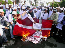 Demonstranten verbrennen dänische Fahnen in Jakarta; Foto: AP