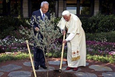 Papst Benedikt XVI. pflanzt zusammen mit Schimon Peres einen Baum; Foto: dpa