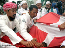 Indonesisch muslimische Demonstranten verbrennen die dänische Flagge im Protest gegen die Mohammed Karikaturen; Foto: dpa 