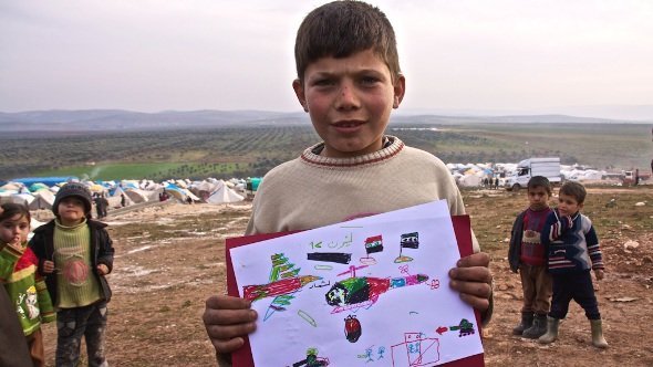 Der neunjährige Abdullah aus Hama hat auf einem Bild die Schrecken des Kriegs festgehalten, Flüchtlingslager Atmeh, Syrien; Foto: Andreas Stahl/DW