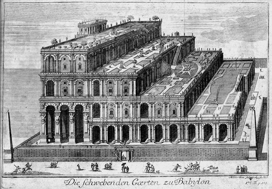 The Hanging Gardens in Babylonian Baghdad as depicted by Humphrey Prideaux, 1726 (image: Wikipedia)