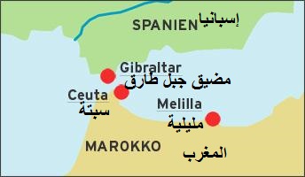 خريطة تبين المدينتين الإسبانيتين سبتة ومليلة، المقتطعتين من شمال إفريقيا. map: DW