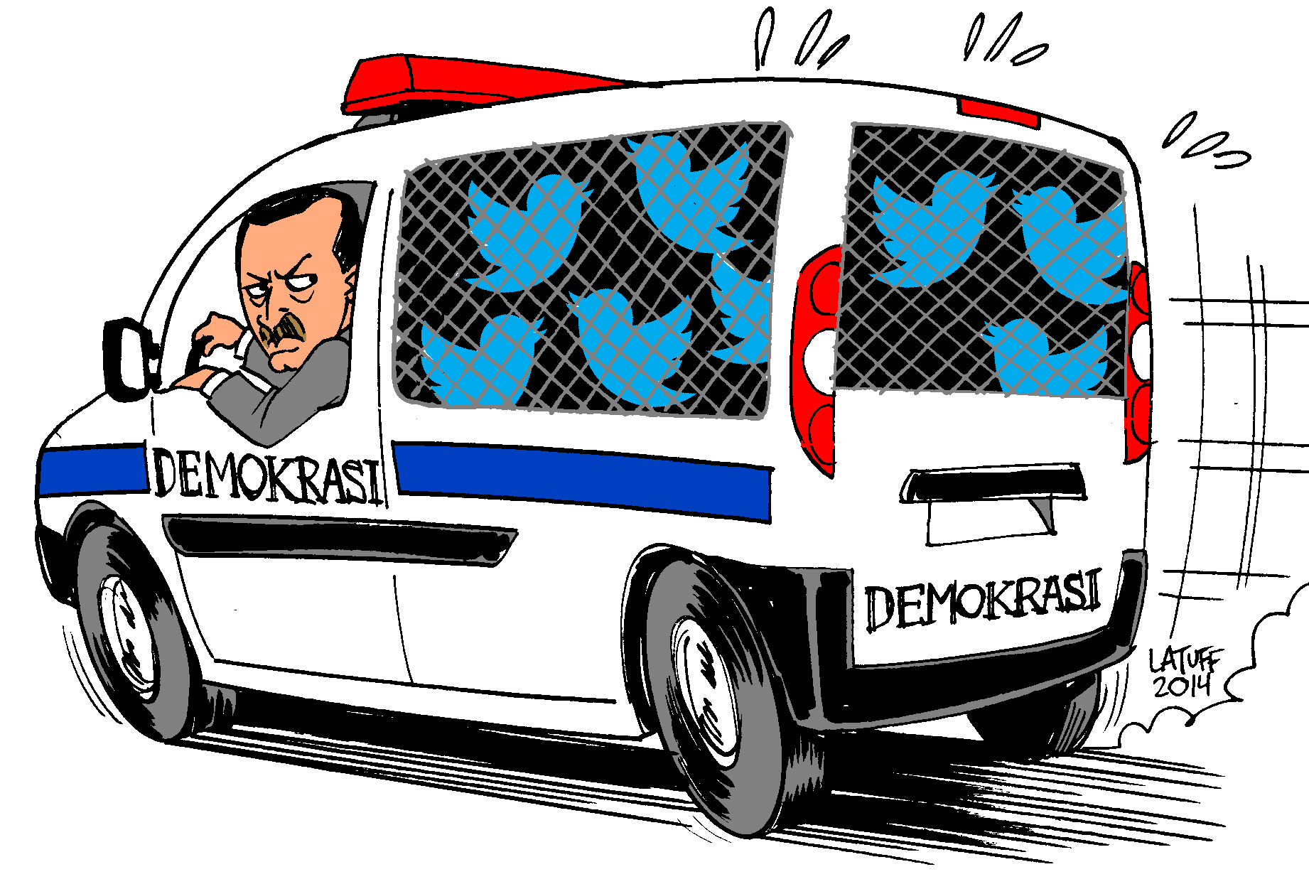 Latuff-Cartoon "Demokratie-Mobil"; Quelle: Latuff 2014