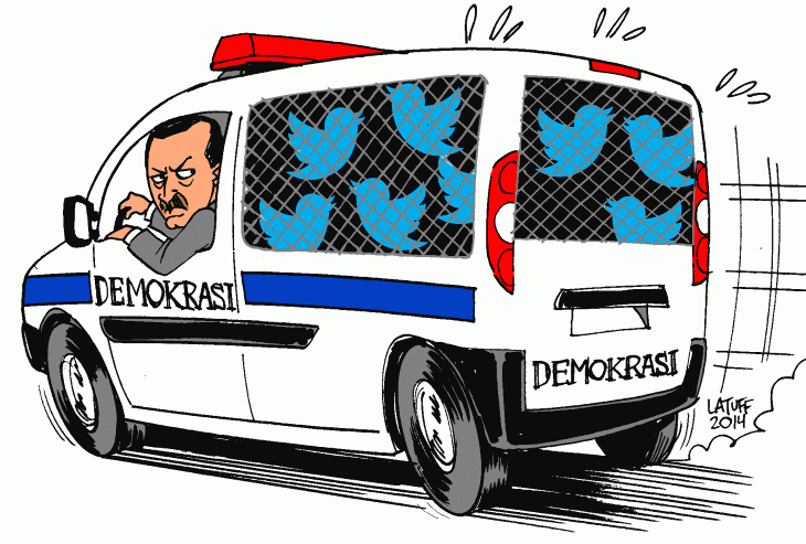 Cartoon showing Prime Minister Erdogan driving a van full of blue Twitter birds (source: Latuff 2014)