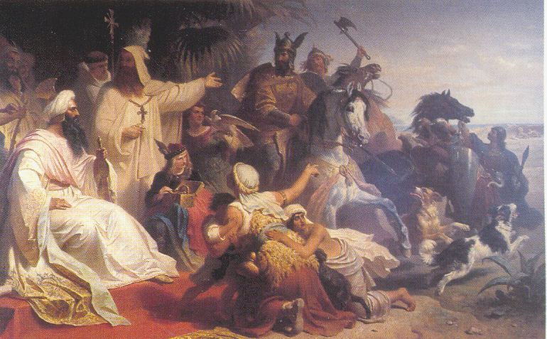 Gemälde von Julius Köckert, dass den Kalifen Harun ar-Raschid beim Empfang einer Delegation von Karl dem Großen zeigt; Foto: WIkimedia Commons