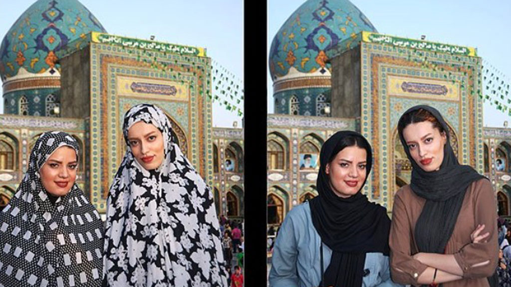 Fotomontage junge Frauen an religiösen Orten im Iran; Foto: Mehr