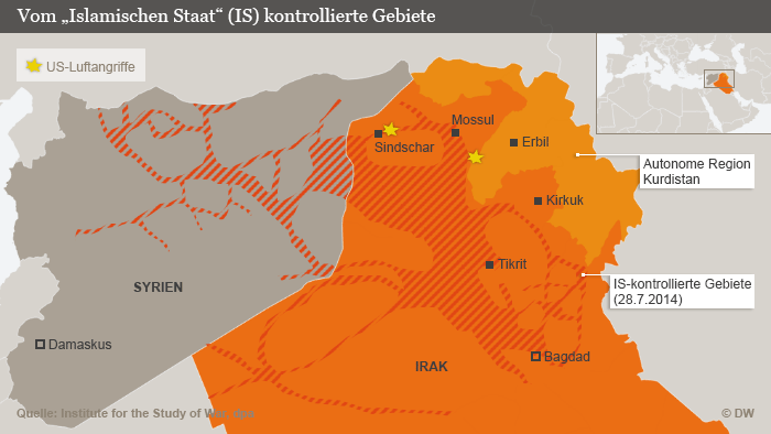 Infografik kontrollierte Gebiete der IS-Terrormiliz; Quelle: DW