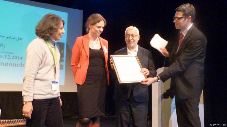 Rachid Ghannouchi receiving the Ibn Rushd Prize 2014 (photo: Ibn Rushd Fund)