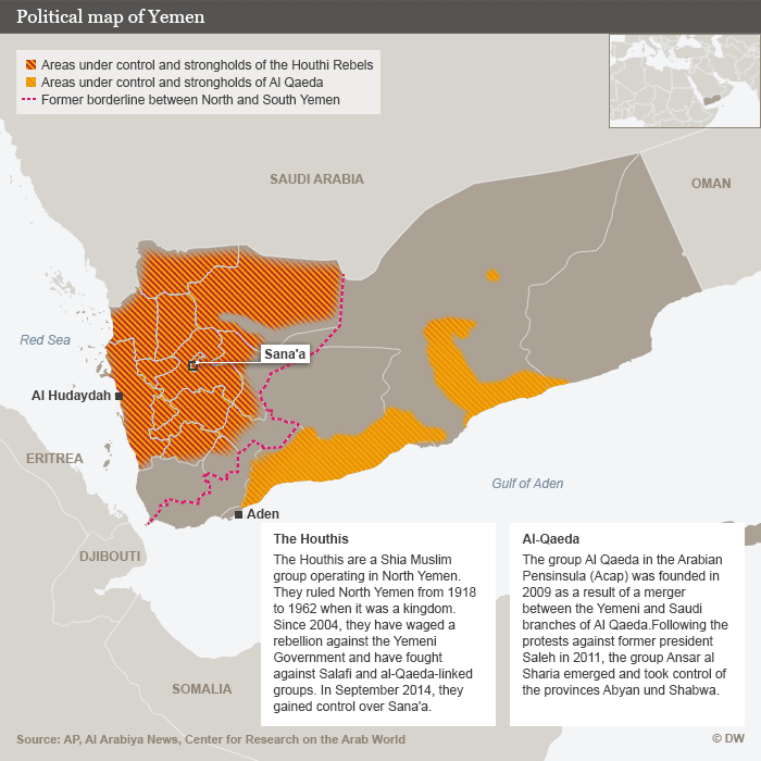 Map outlining areas controlled by Houthi rebels and al-Qaida in Yemen (source: DW)