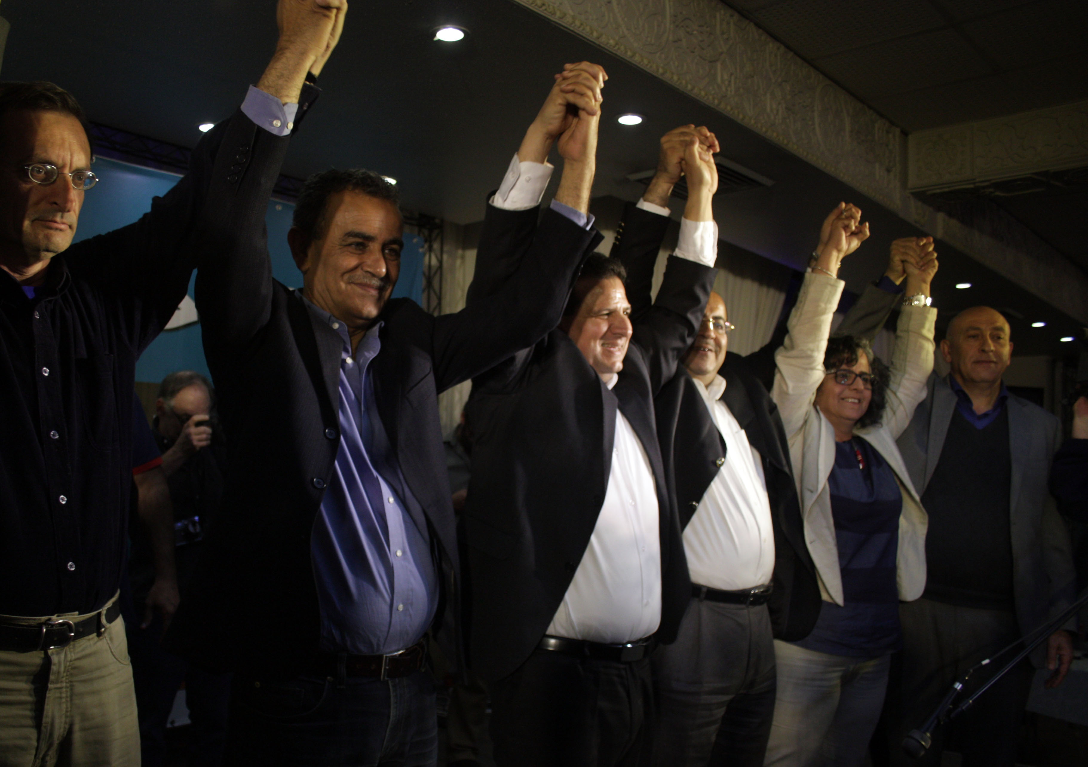 Ayman Odeh (3rd from left) and members of the Joint Arab List, Nazareth, 17 March 2015 (photo: Ylenia Gostoli)