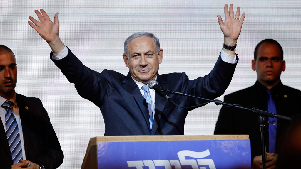 Prime Minister Benjamin Netanyahu celebrates victory in the Israeli election (photo: Reuters/Amir Cohen)