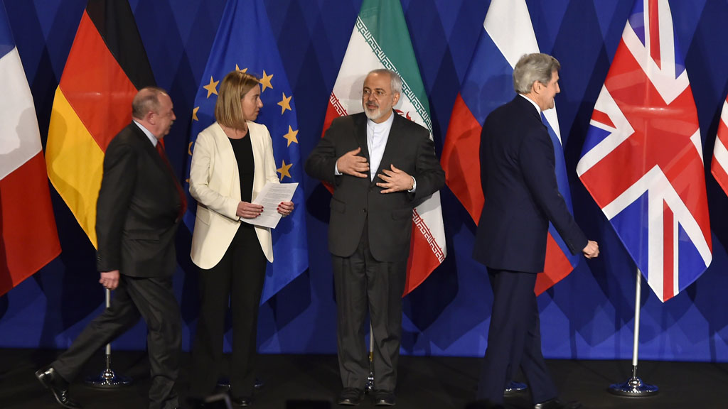 Abschlusserklärung der fünf Vetomächte des UN-Sicherheitsrats, Deutschlands und des Irans in Lausanne am 2. April 2015; Foto: Getty Images/AFP/F. Coffrini 