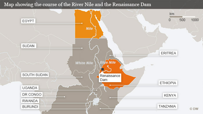 Map showing the  White Nile, the Blue Nile, the GERD and the countries of the Nile (photo: DW)