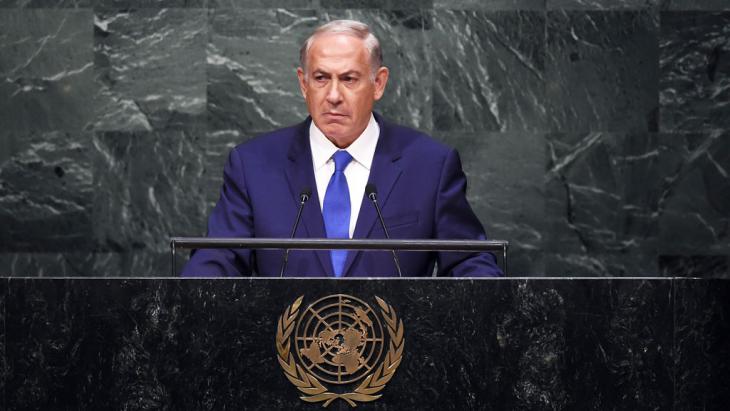 Israel’s prime minister Benjamin Netanyahu on 1.10.2015 in front of the United Nations General Assembly (photo: AFP/Getty Images/J. Samad)
