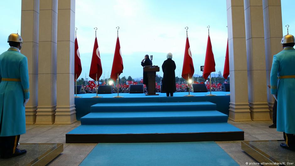 Turkish President Recep Tayyip Erdogan addresses crowds of cheering supporters at the Presidential Complex in Ankara on 17 April 2017