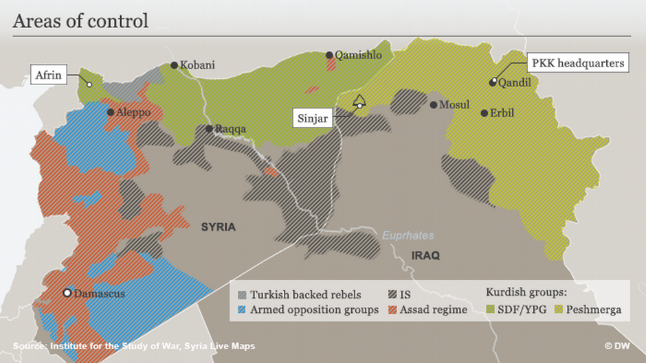 Karte der rivalisierenden Kräfte im Kampf gegen den IS in Syrien und Irak; Quelle: DW