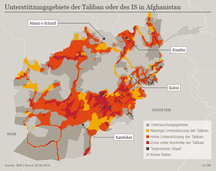 Infografik Machtzuwachs des IS und der Taliban in Afghanistan; Quelle: ISW/DW