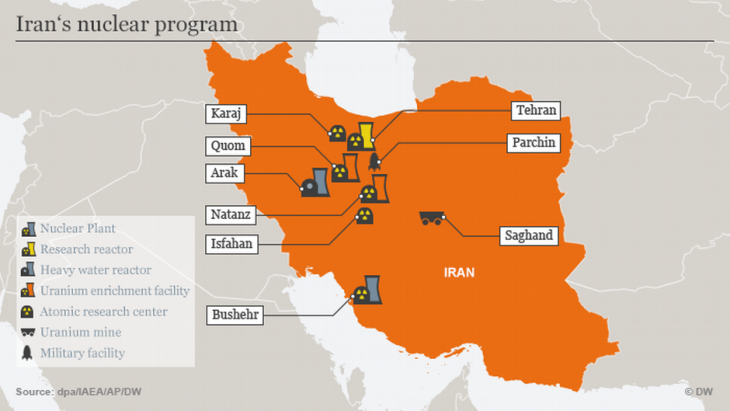 Infografik mit Angaben zu Nuklearanlagen im Iran Foto: DW