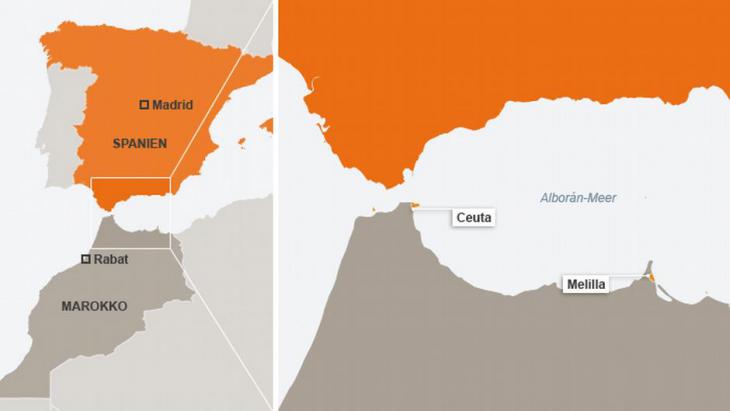 Graphic showing Morocco and Spain with the Spanish exclaves Ceuta and Melilla (source: DW)