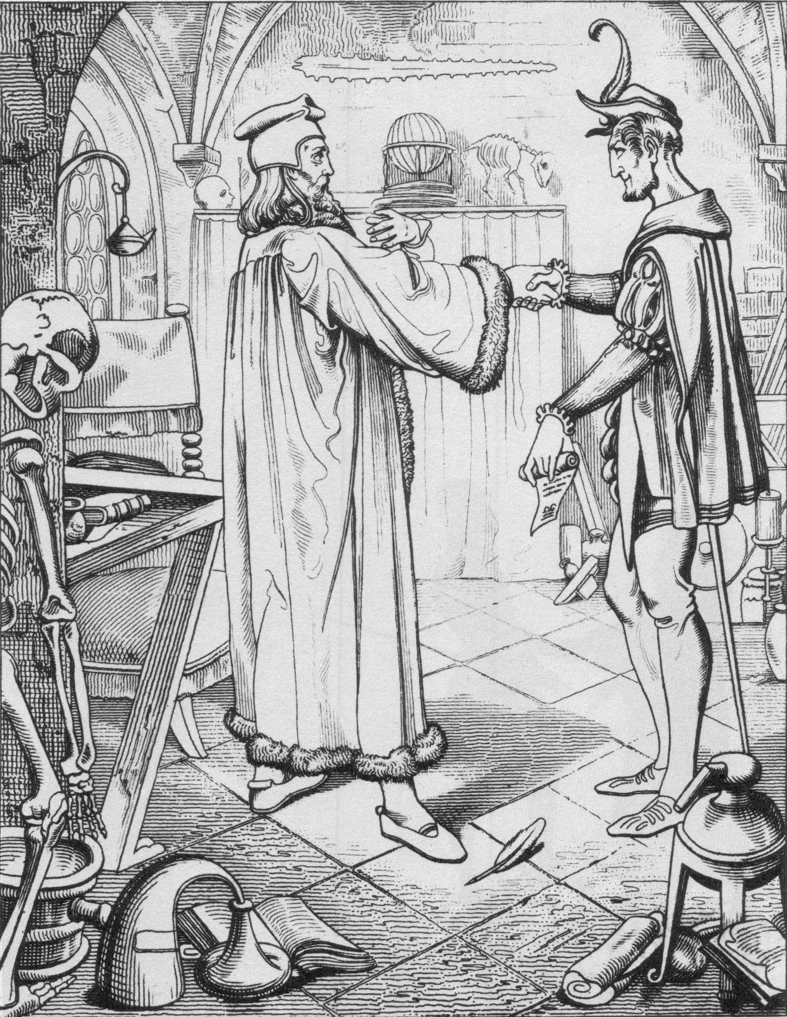  لوحة إبرام عقد مع الشيطان للرسام يوليوس نيسله من حوالي عام 1840. Der Teufelspakt, Stahlstich von Julius Nisle (um 1840) http://deacademic.com