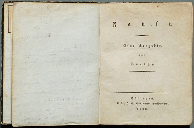 غلاف النسخة الأولى من ملحمة فاوست الأدبية من عام 1808 للأديب والشاعر الألماني غوته Goethe Faust I 1808 - Titelblatt der Erstausgabe von 1808  http://deacademic.com