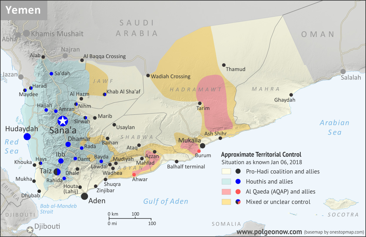 Karte zeigt gegenwärtige Machtzentren der Huthi-Milizen im Jemen; Quelle: polgeonow.com