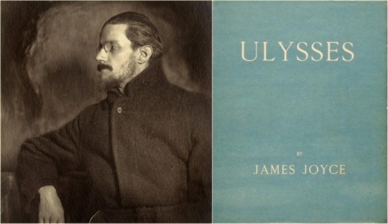 Irish writer James Joyce (02.02.1882 – 13.01.1941) and a cover of his masterpiece "Ulysses"