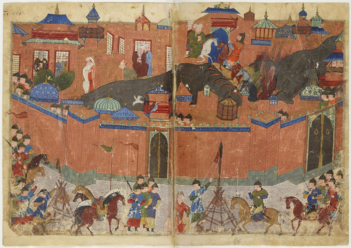 رسمة توضيحية ملونة تبين دخول المغول إلى بغداد - العراق. 