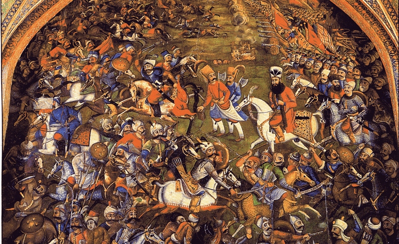لوحة جدارية في أصفهان إيران تظهر معركة جالديران أو تشالدران بين العثمانيين والصفويين في عام 1514.  (source: Wikimedia Commons)