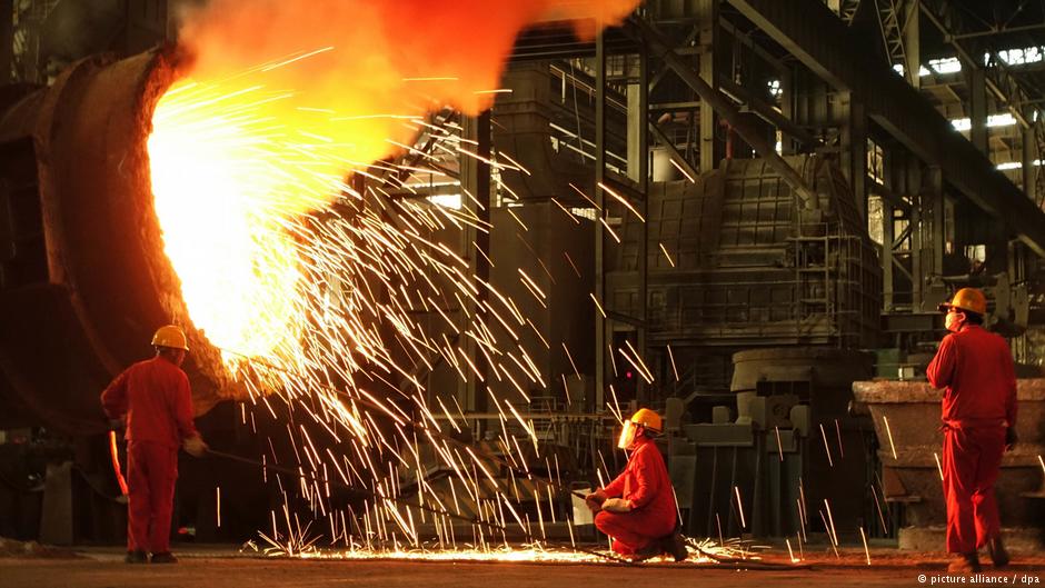 Chinese steel workers at a plant in Dalian city, Liaoning province, China