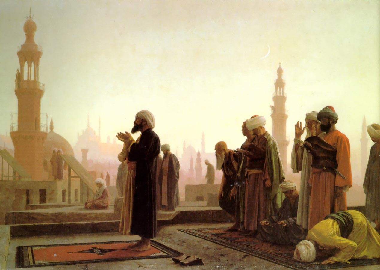 مسلمون يقيمون الصلاة في القاهرة. Artist Jean-Léon Gérôme  1824–1904 wikipedia prayer_in_cairo_1865    