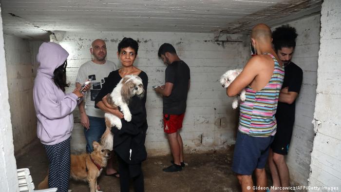 Six people and three dogs wait in a walled room with a low ceiling