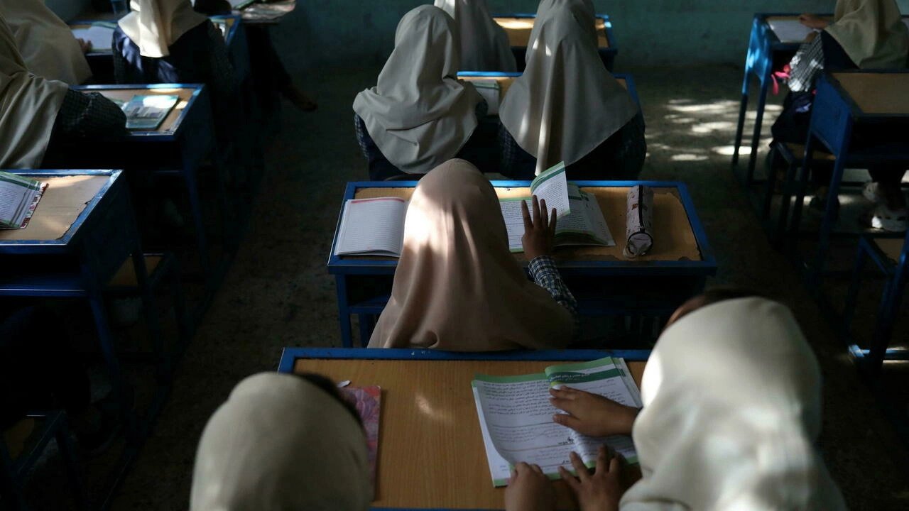 Afghan primary school girls in a classroom in Kabul, 18 September 2021. Secondary schools for girls remain closed.