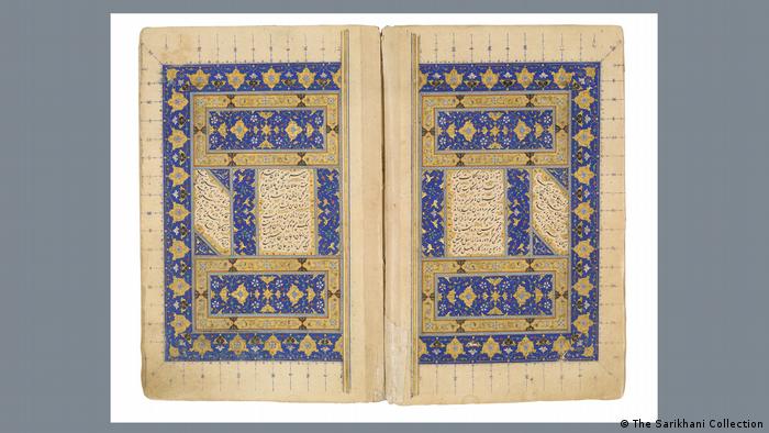 A richly decorated book, with blue and gold motifs