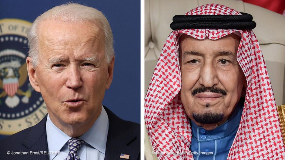 Photomontage of U.S. President Joe Biden (left), February 25, 2021, (photo: REUTERS/Jonathan Ernst) and Saudi Arabia's King Salman bin Abdulaziz (right), on 31 March 2019 (photo by Fethi Belaid/POOL/AFP via Getty Images)