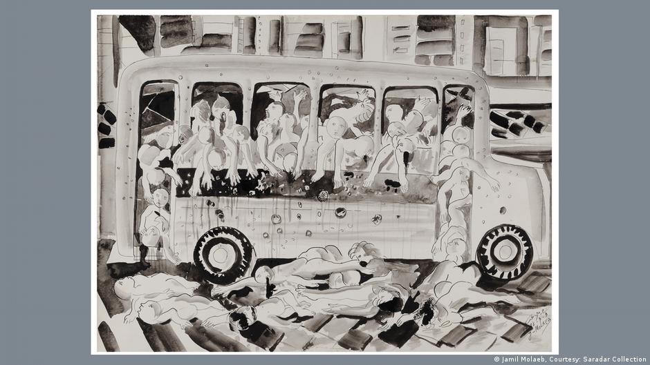 لوحة "نيسان 13" للفنّان جميل مُلاعِب، من مجموعة رُسوم "دفتر الحرب الأهليّة 1975-1976" (المصدر: مجموعة سَرادار) Jamil Molaeb, 'April 13', from the series 'Civil War Diary 1975-1976' (courtesy: Saradar Collection)