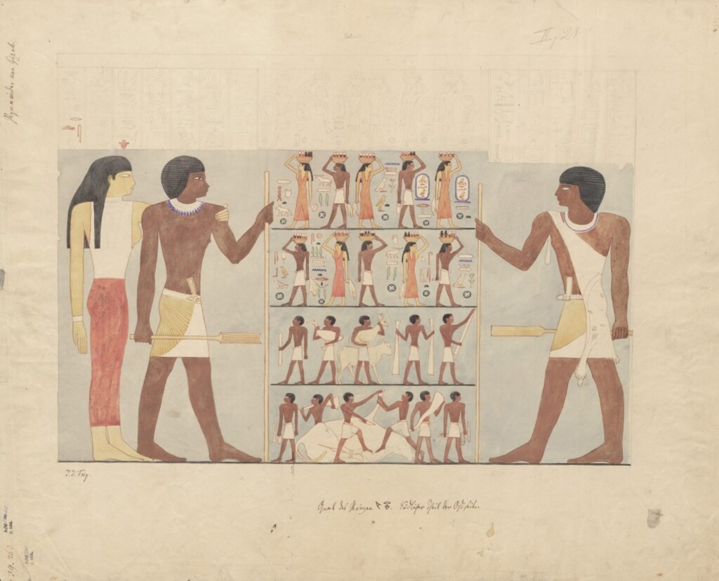 Wall painting from the tomb of Prince Merib in Giza, watercolour drawing from 1843 (image: Berlin-Brandenburg Academy of Sciences and Humanities)