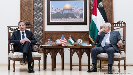Secretary of State Antony Blinken speaks during a joint statement with Palestinian President Mahmoud Abbas, on 25 May 2021, in the West Bank city of Ramallah.