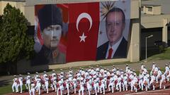 Mustafa Kemal Atatürk (li) und Recep Tayyip Erdogan (re) auf Bannern bei einer Marinezeremonie in Istanbul