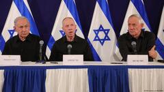 Regierungschef Benjamin Netanjahu, Verteidigungsminister Joav Galant und Kabinettsminister Benny Gantz (v. l.). 