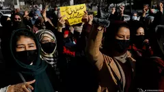 مجموعة نساء رافعات الأيدي ولافتة في مظاهرة في كابول - أفغانستان.