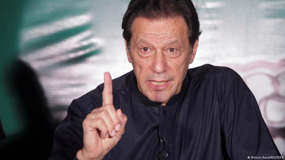 Pakistan's former Prime Minister Imran Khan, gestures while giving an address